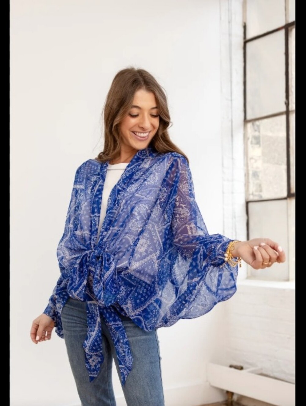 Free People Blue Bandana Print Golden Hour Tie-Front Semi Sheer Kimono Size OS